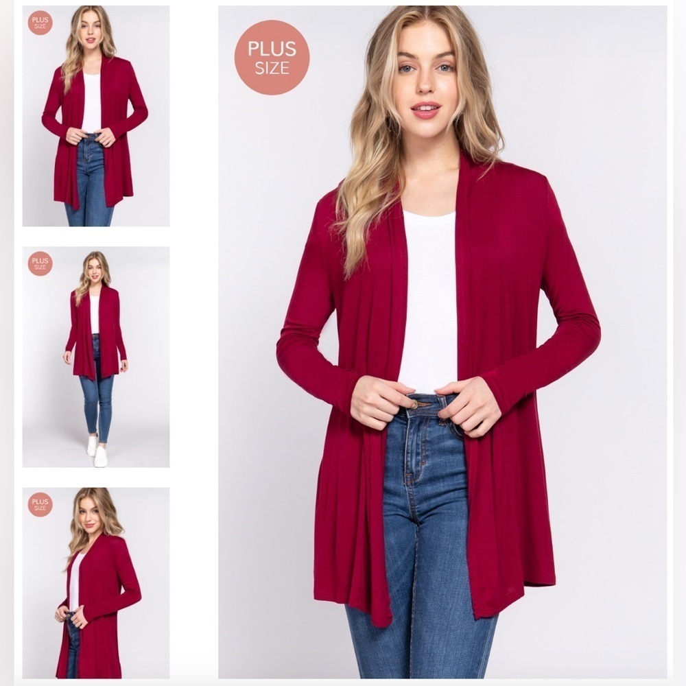 Larger Sizes Avail Elegant Lightweight Burgundy Front Open Long Cardigan